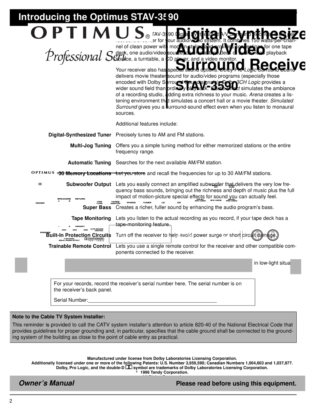 Optimus owner manual Introducing the Optimus STAV-3590 