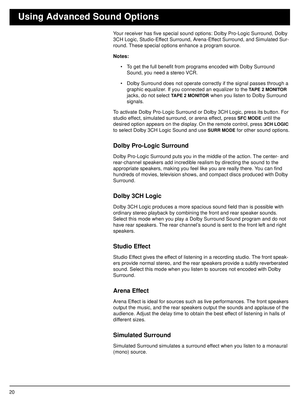 Optimus STAV-3590 owner manual Using Advanced Sound Options 