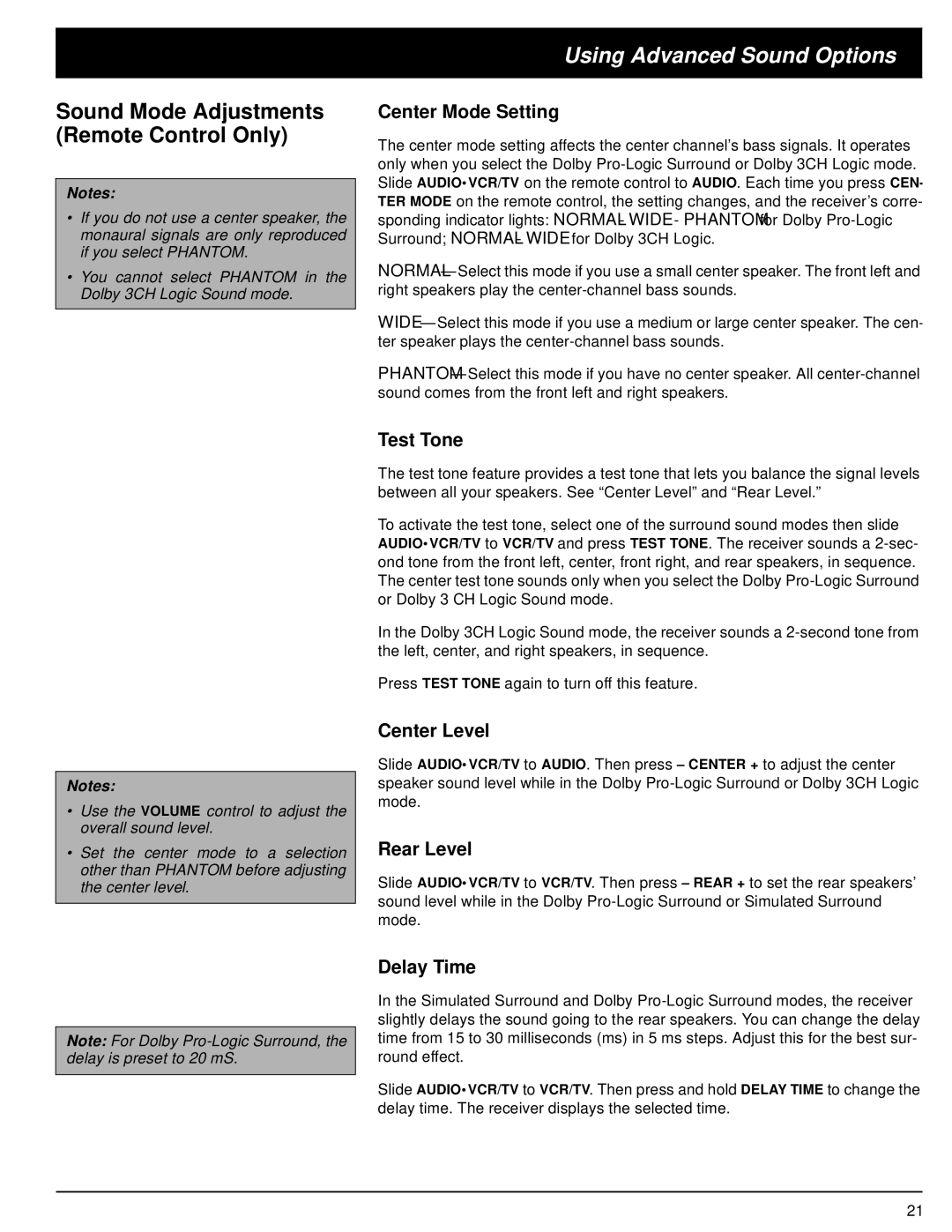 Optimus STAV-3590 owner manual Using Advanced Sound Options 