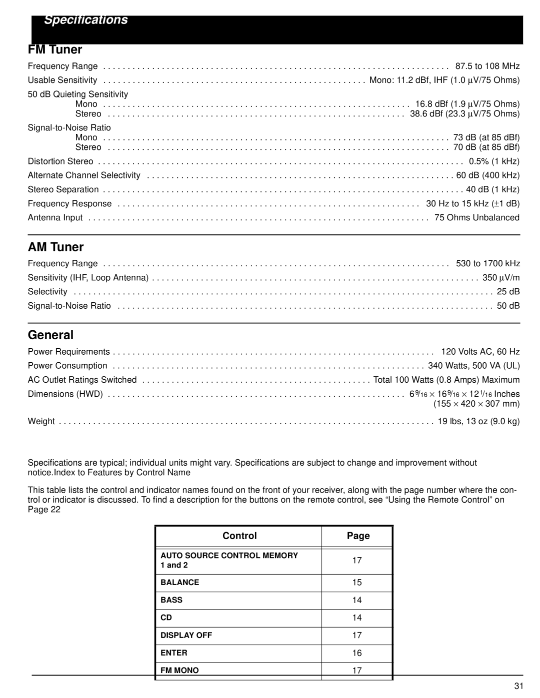 Optimus STAV-3590 owner manual Specifications, FM Tuner, AM Tuner, General 