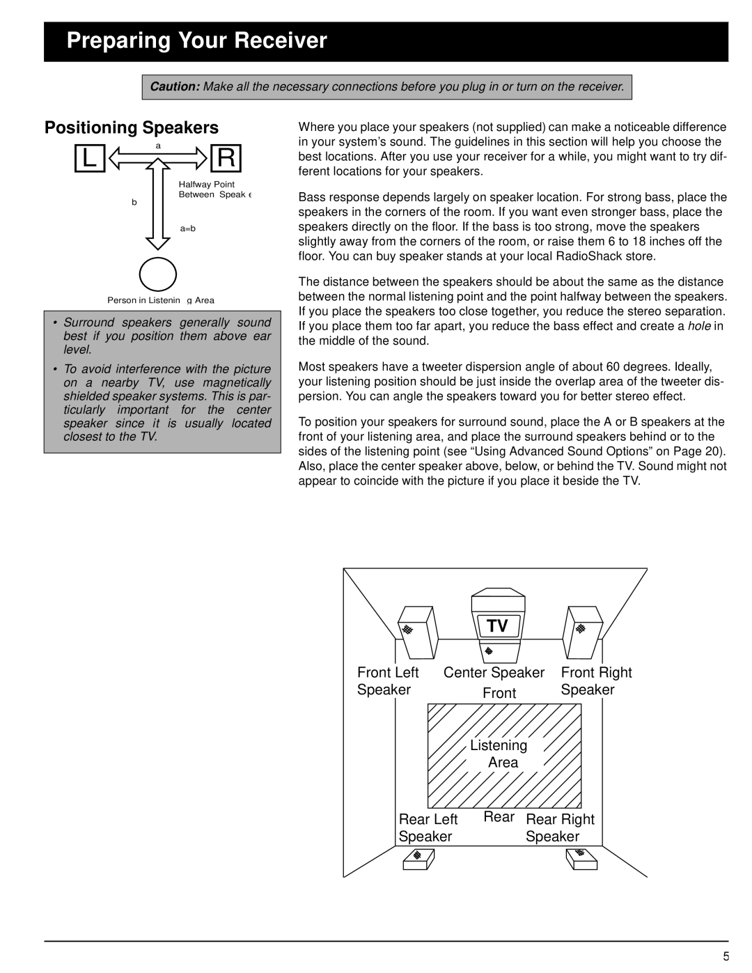 Optimus STAV-3590 owner manual Preparing Your Receiver, Positioning Speakers 