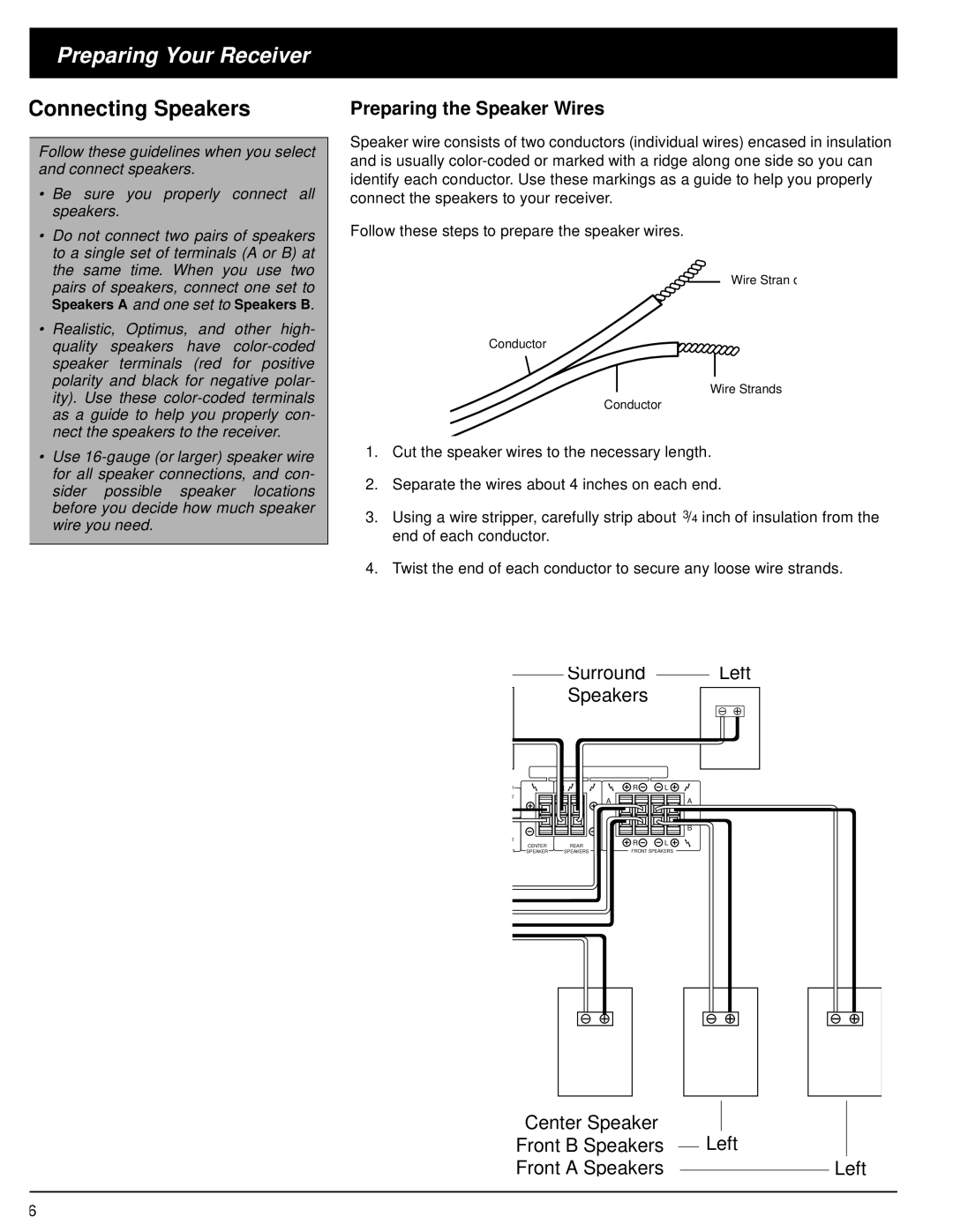 Optimus STAV-3590 Preparing Your Receiver, Connecting Speakers, Preparing the Speaker Wires, Surround Left Speakers 