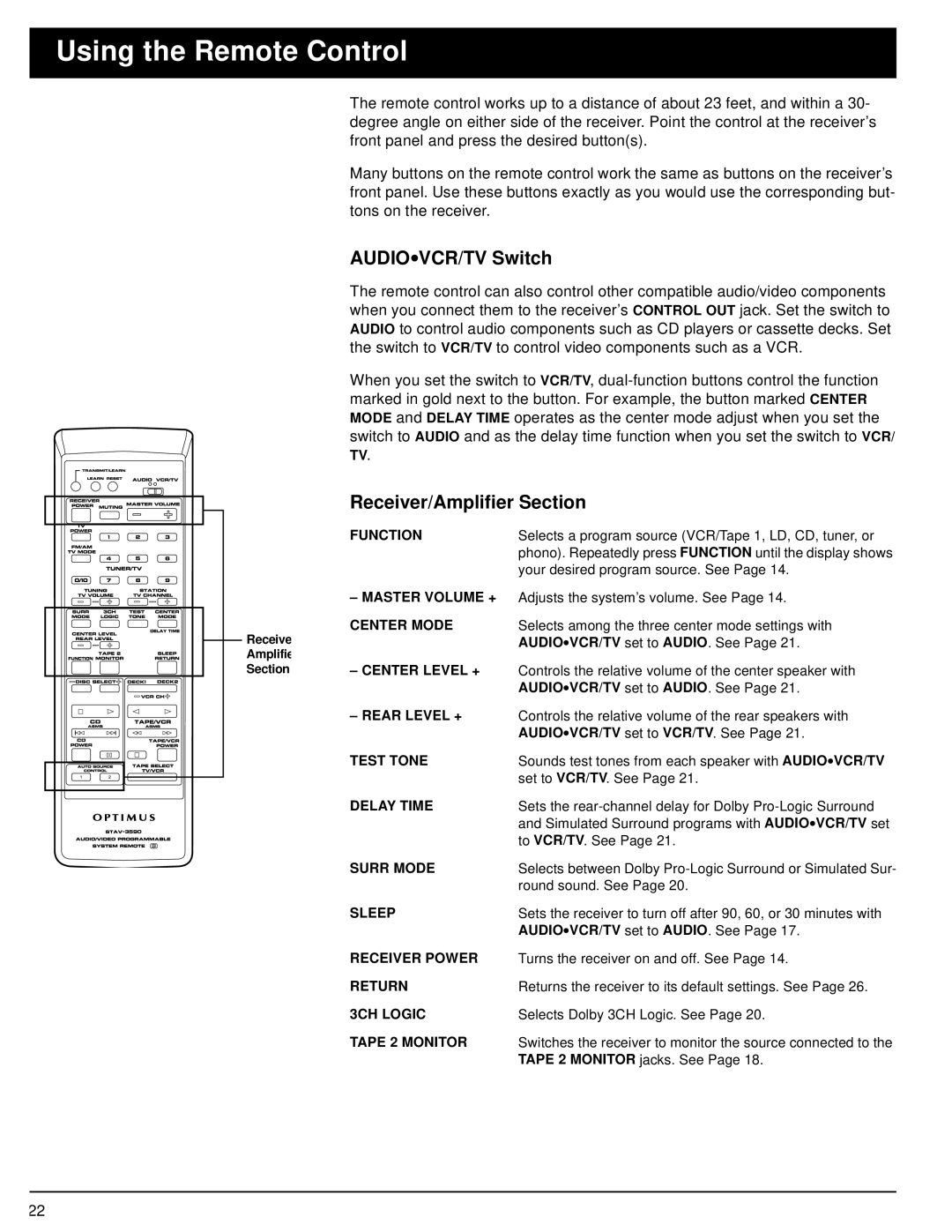 Optimus STAV-3590 owner manual Using the Remote Control, AUDIO∙VCR/TV Switch, Receiver/Amplifier Section 