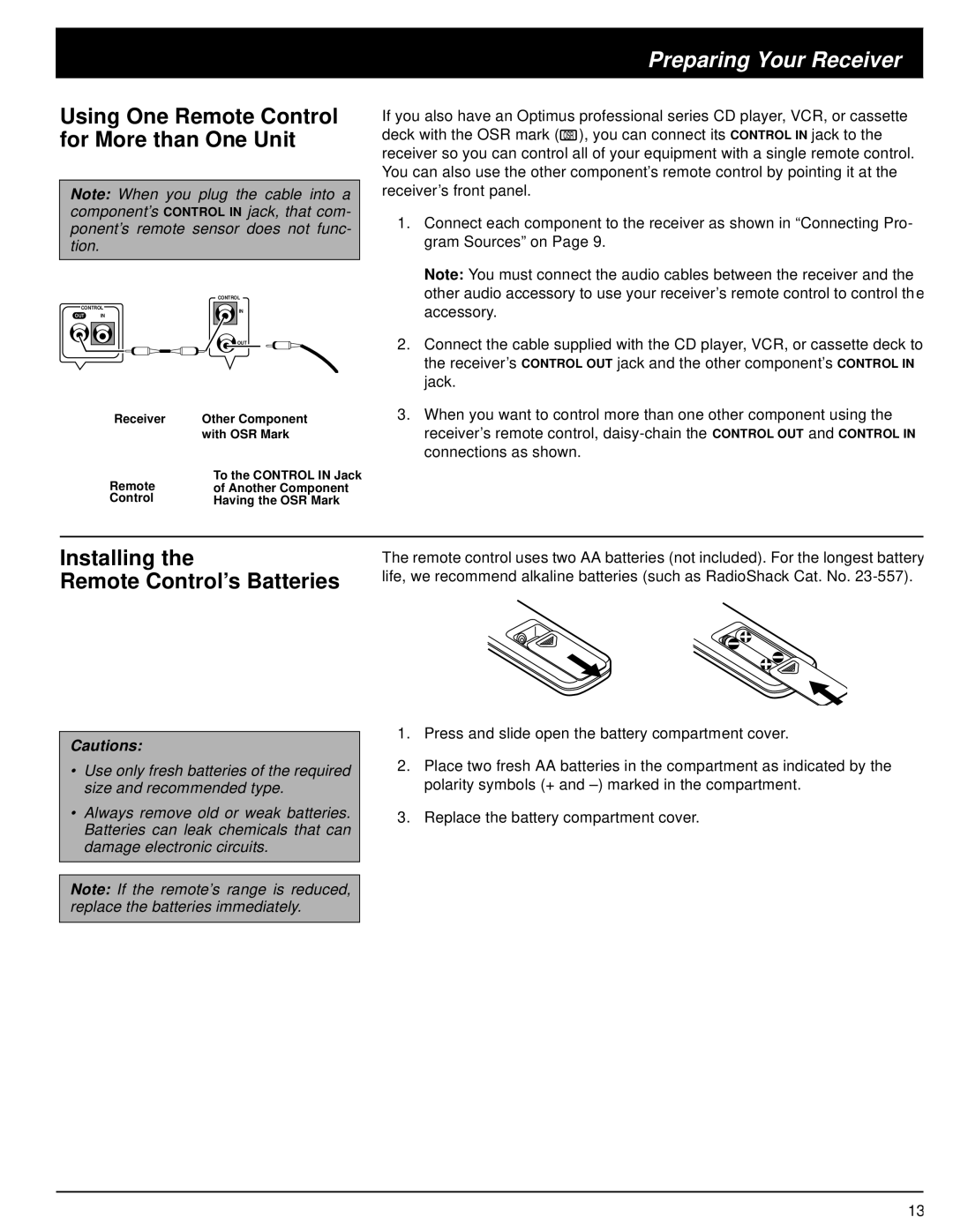 Optimus STAV-3670 owner manual Installing Remote Control’s Batteries, Using One Remote Control for More than One Unit 