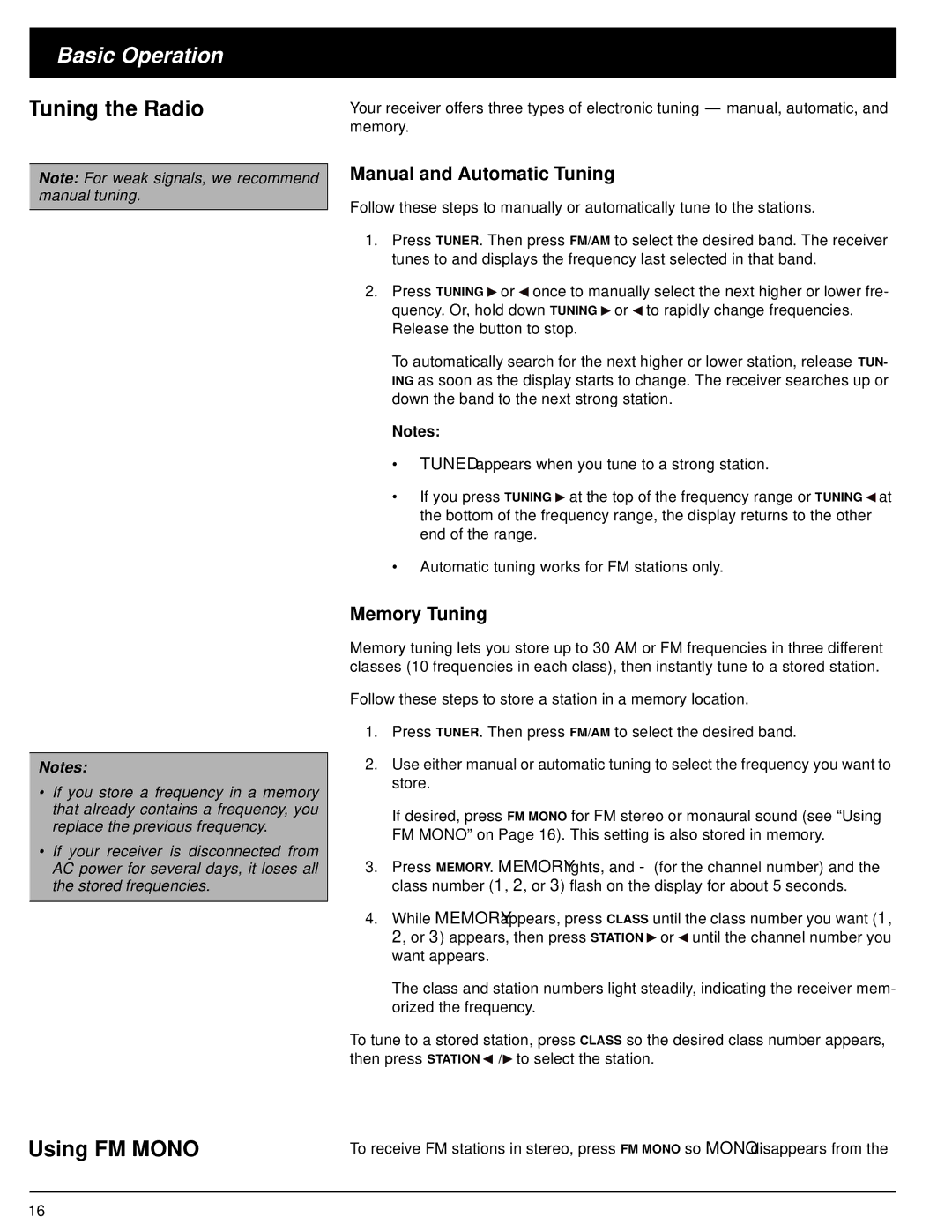 Optimus STAV-3670 owner manual Basic Operation, Tuning the Radio, Using FM Mono, Manual and Automatic Tuning, Memory Tuning 