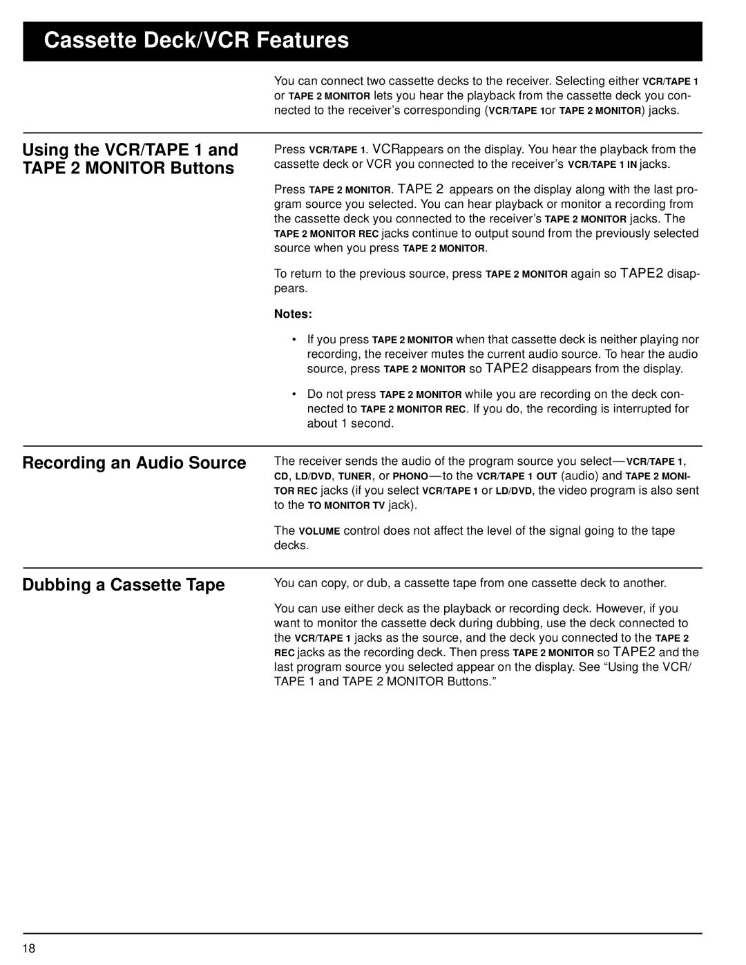 Optimus STAV-3670 owner manual Cassette Deck/VCR Features, Recording an Audio Source, Dubbing a Cassette Tape 