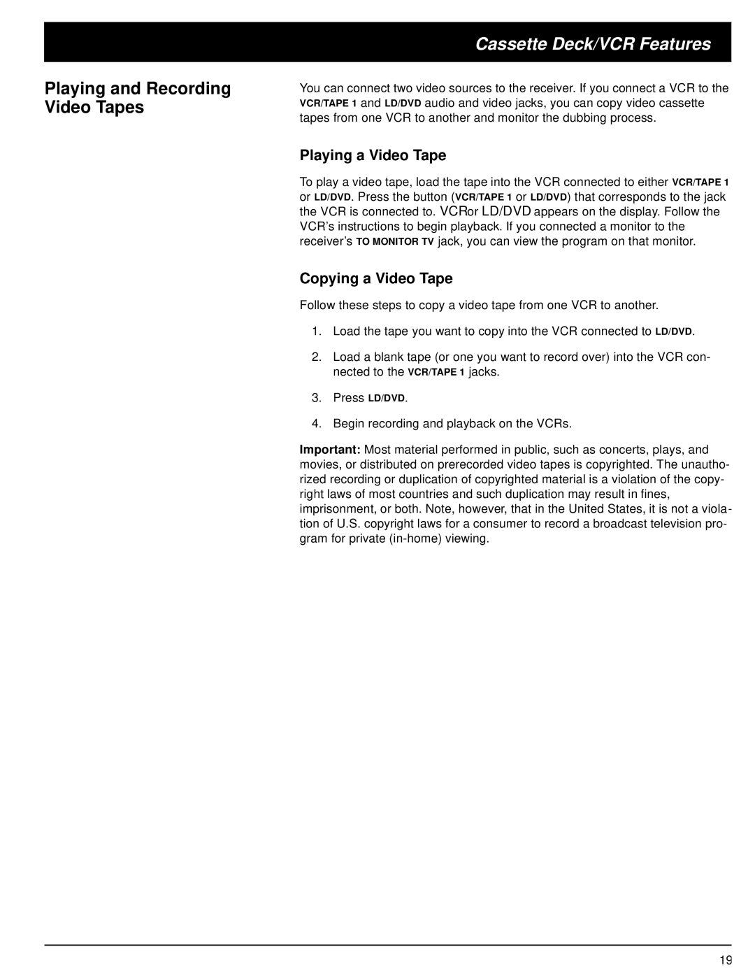 Optimus STAV-3670 owner manual Cassette Deck/VCR Features, Playing a Video Tape, Copying a Video Tape 
