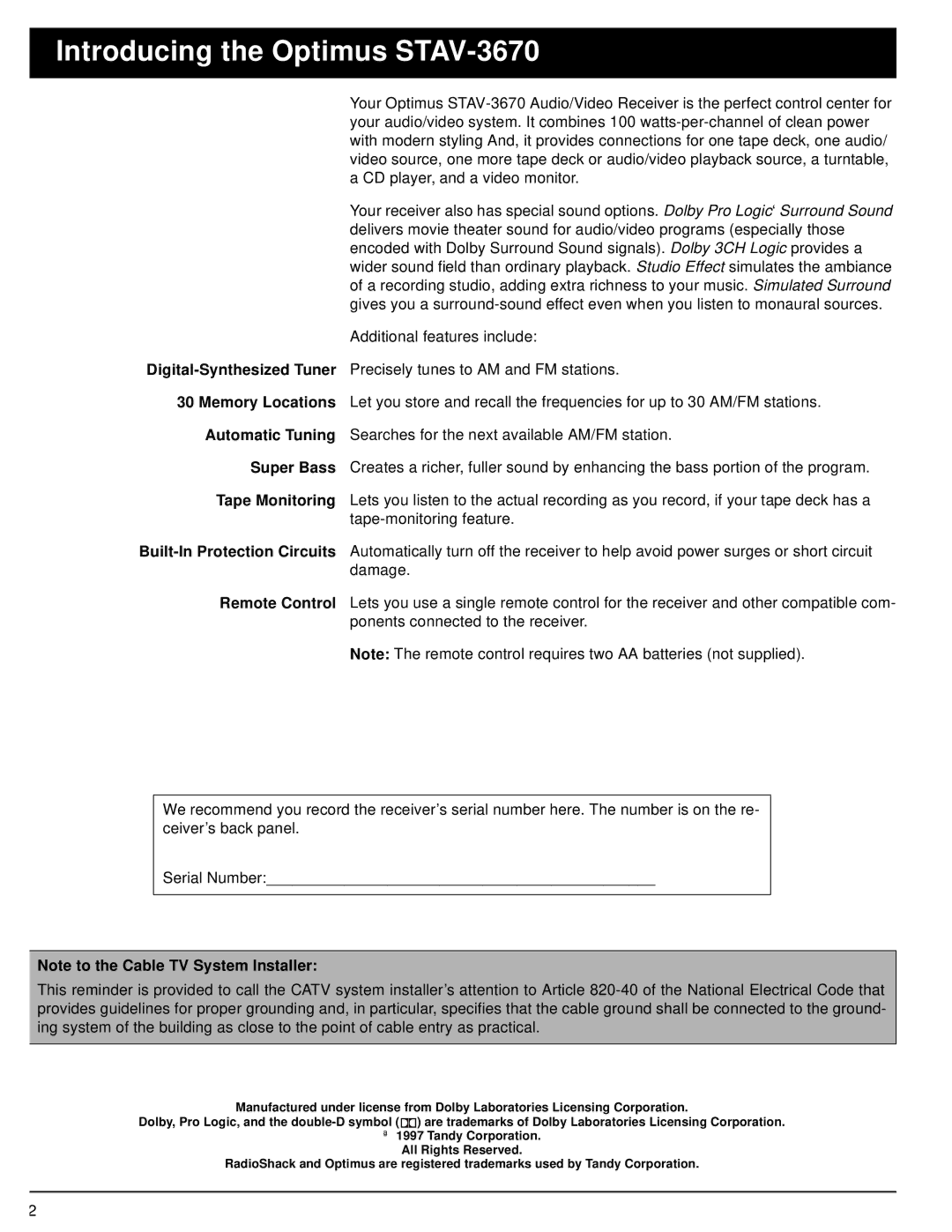 Optimus owner manual Introducing the Optimus STAV-3670 