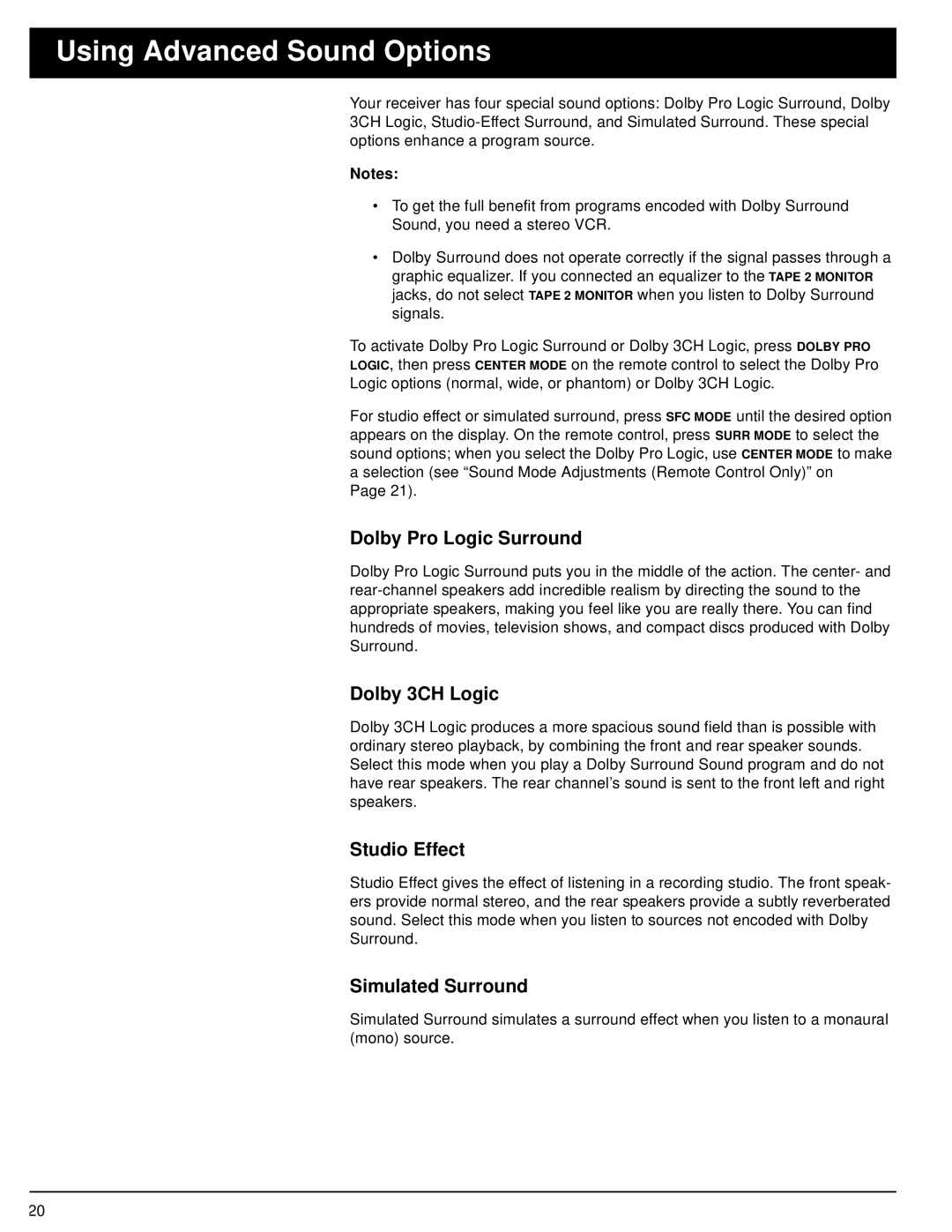 Optimus STAV-3670 owner manual Using Advanced Sound Options, Dolby Pro Logic Surround, Dolby 3CH Logic, Studio Effect 