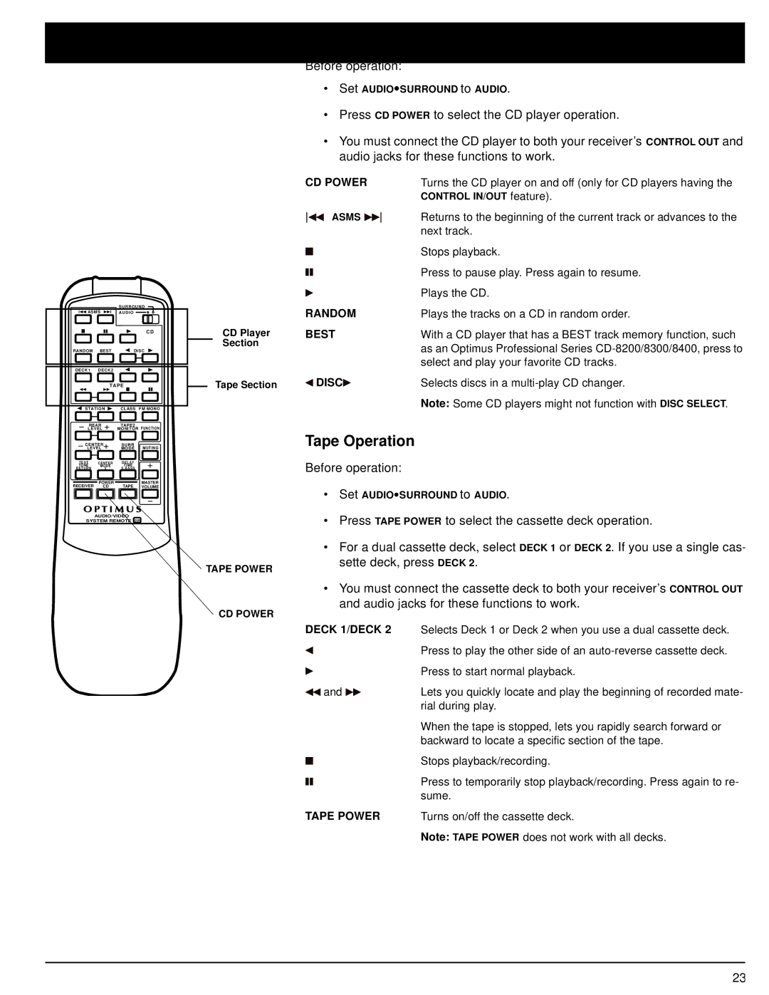 Optimus STAV-3670 owner manual CD Player Operation, Tape Operation 