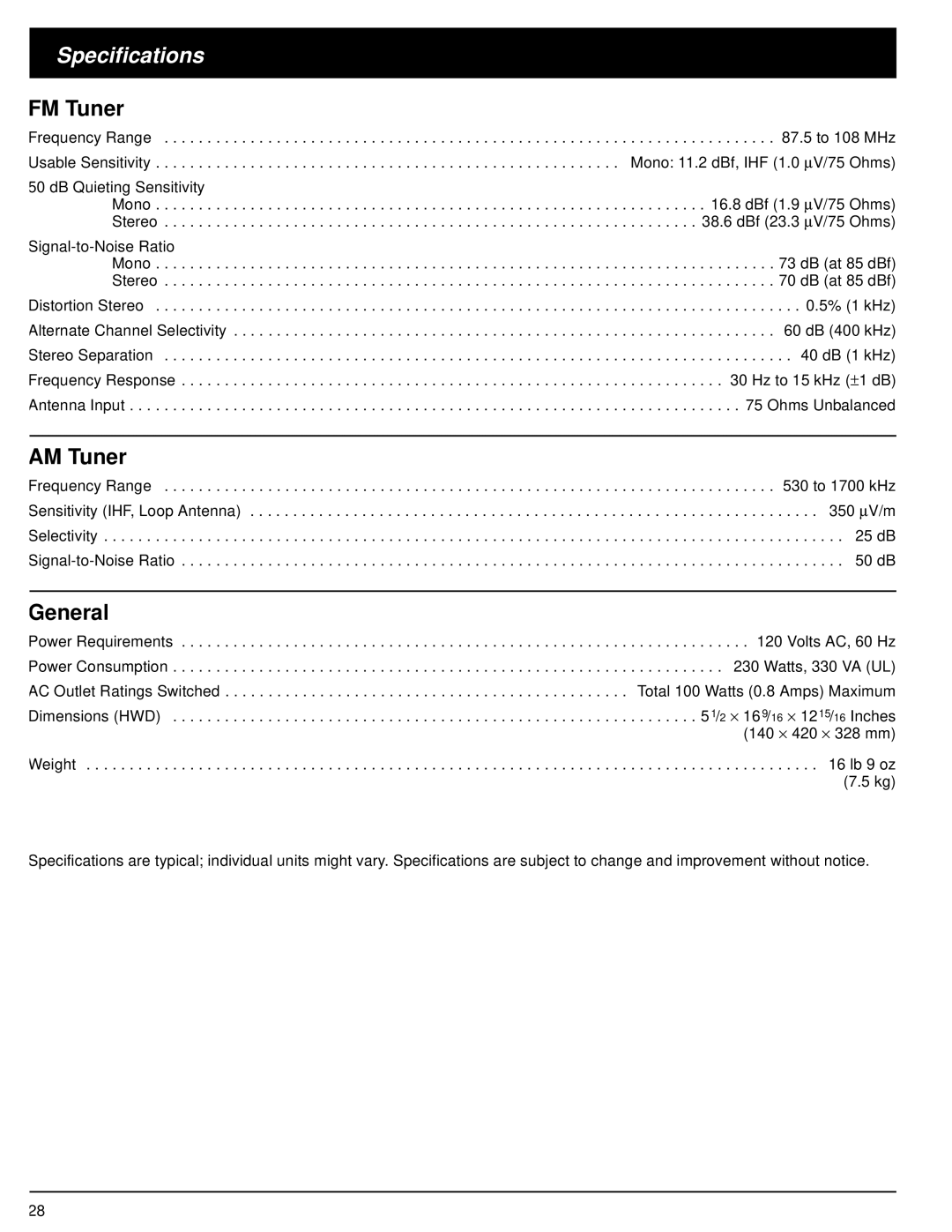 Optimus STAV-3670 owner manual Specifications, FM Tuner, AM Tuner, General 