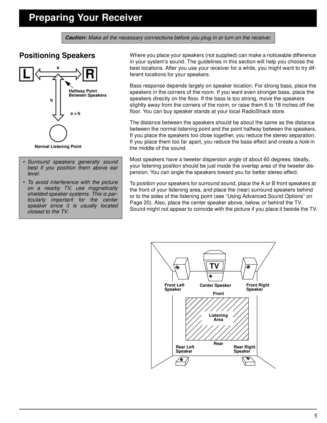 Optimus STAV-3670 owner manual Preparing Your Receiver, Positioning Speakers 