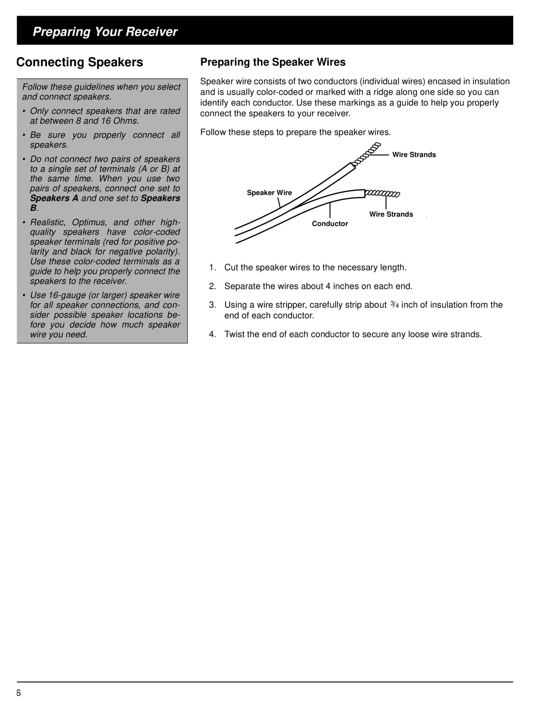 Optimus STAV-3670 owner manual Preparing Your Receiver, Connecting Speakers, Preparing the Speaker Wires 