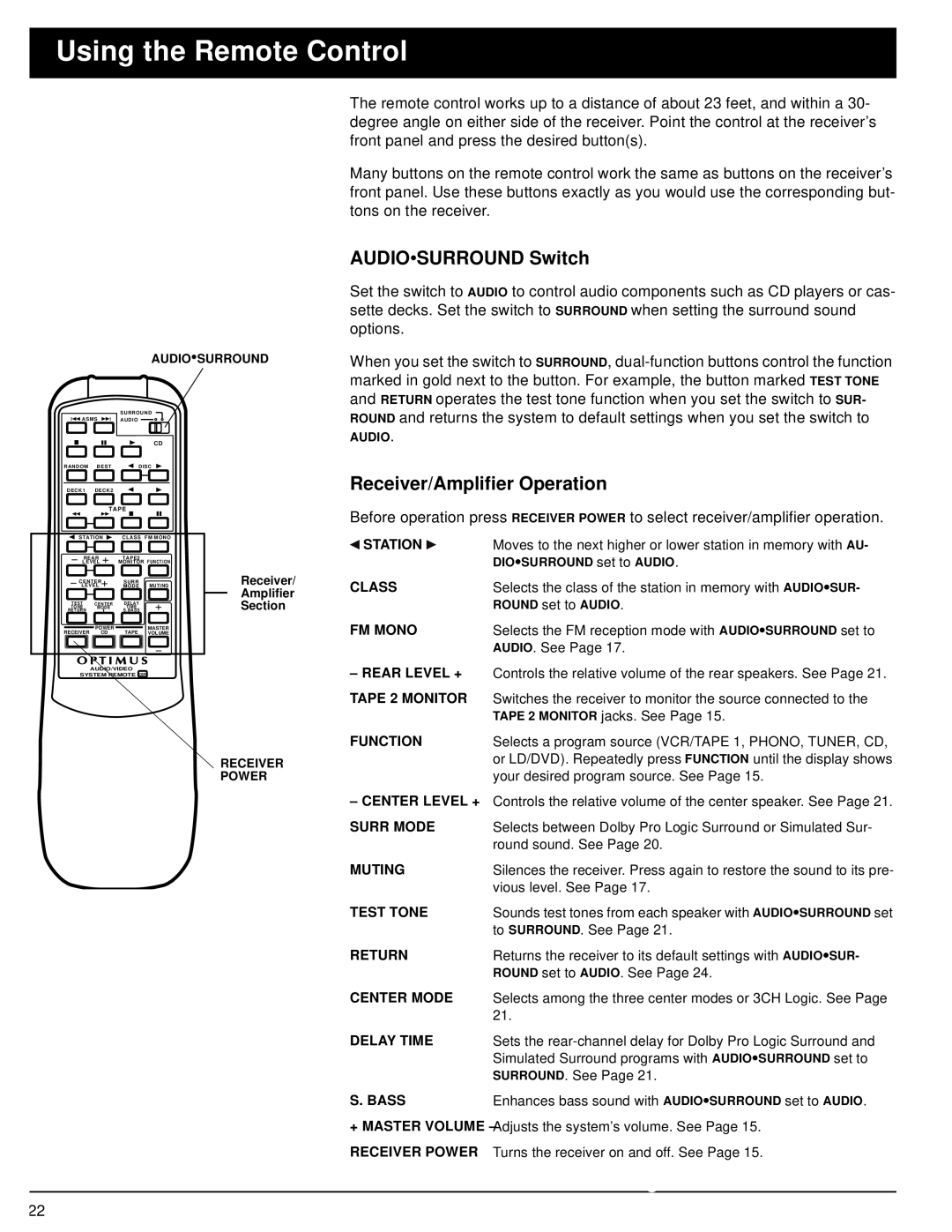 Optimus STAV-3670 owner manual Using the Remote Control, AUDIO∙SURROUND Switch, Receiver/Amplifier Operation 