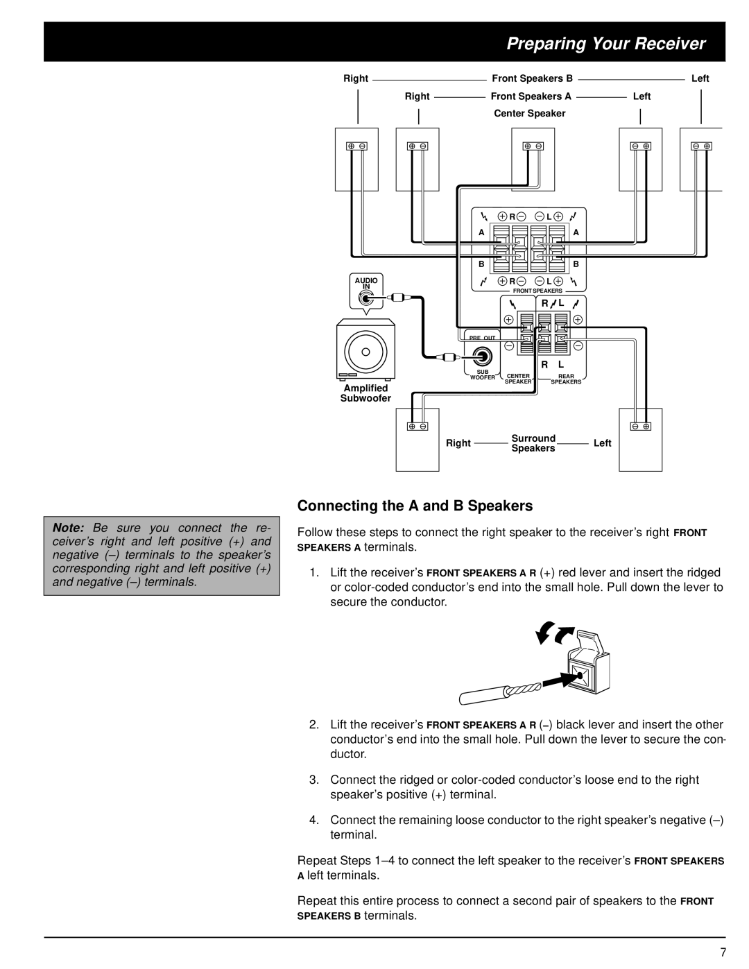 Optimus STAV-3670 owner manual Connecting the A and B Speakers, Preparing Your Receiver 