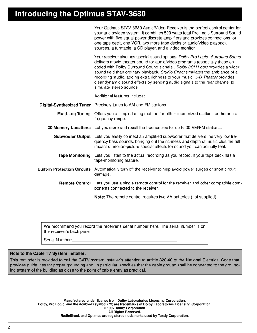 Optimus owner manual Introducing the Optimus STAV-3680 