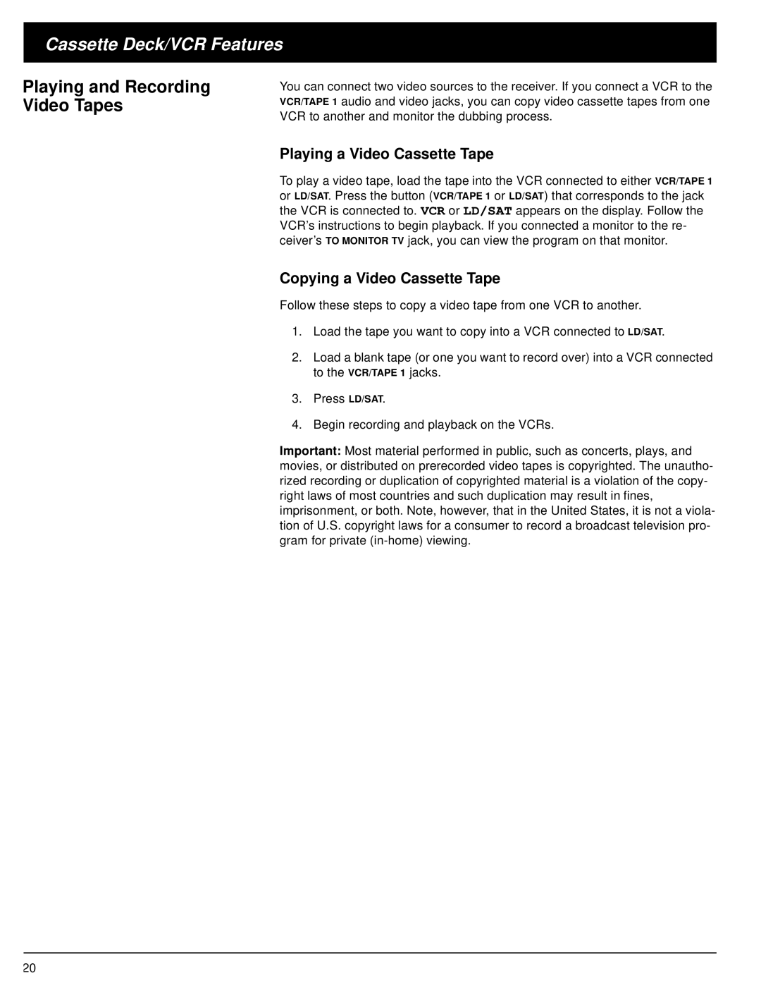 Optimus STAV-3680 owner manual Cassette Deck/VCR Features, Playing a Video Cassette Tape, Copying a Video Cassette Tape 