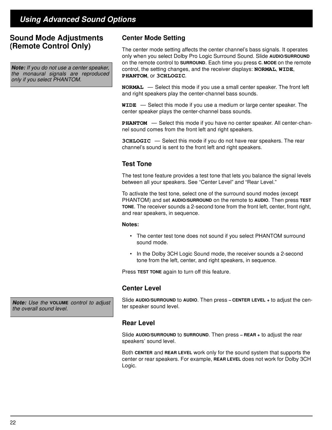 Optimus STAV-3680 owner manual Using Advanced Sound Options, Center Mode Setting, Test Tone, Center Level, Rear Level 