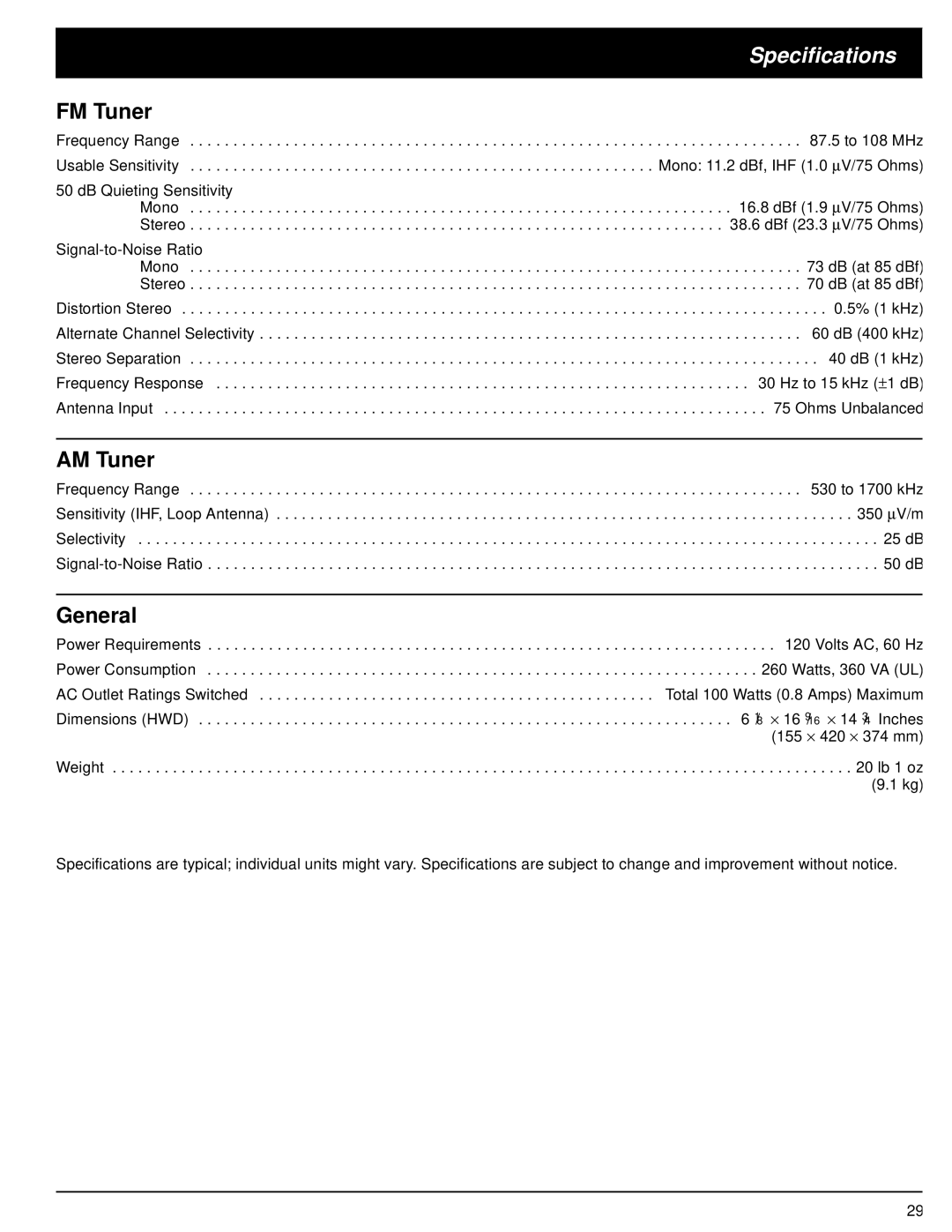 Optimus STAV-3680 owner manual Specifications, FM Tuner, AM Tuner, General 