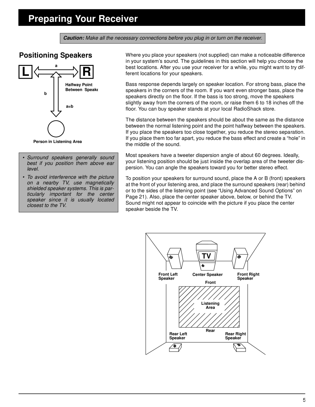 Optimus STAV-3680 owner manual Preparing Your Receiver, Positioning Speakers 