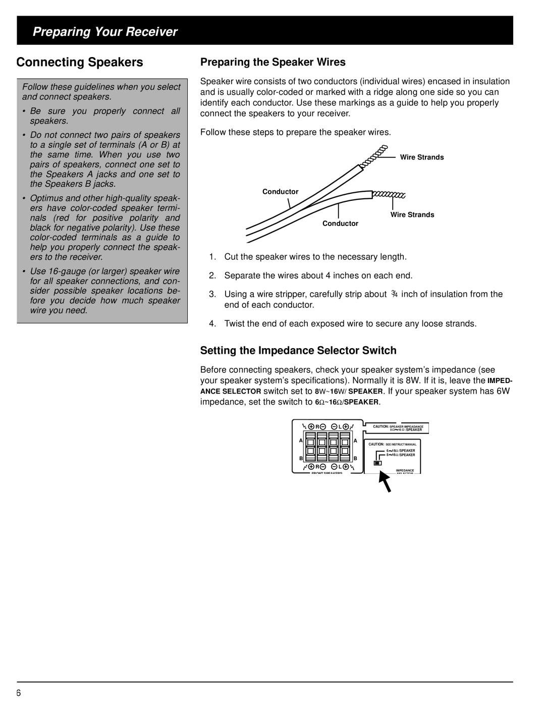 Optimus STAV-3680 owner manual Preparing Your Receiver, Connecting Speakers, Preparing the Speaker Wires 