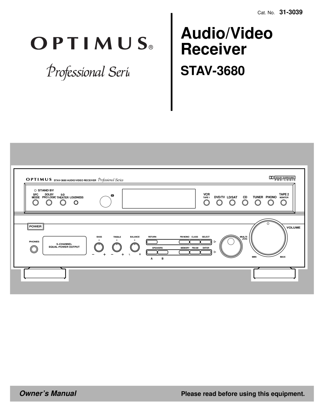Optimus STAV-3680 owner manual Please read before using this equipment, Audio/Video Receiver, TAPE 1 DVD/TV LD/SAT CD 