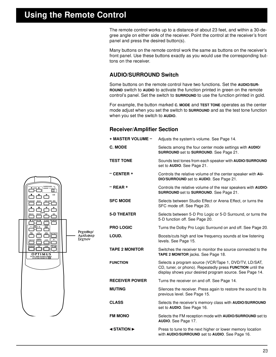Optimus STAV-3680 owner manual Using the Remote Control, AUDIO/SURROUND Switch, Receiver/Amplifier Section 
