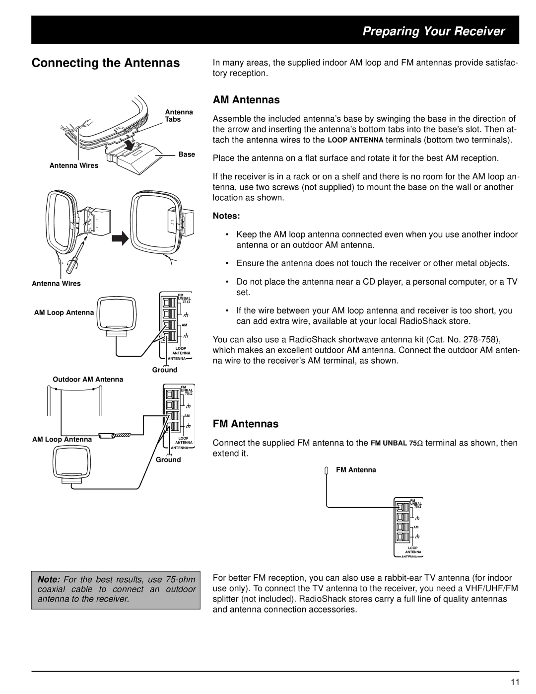 Optimus 31-3040, STAV-3690 owner manual Connecting the Antennas, AM Antennas, FM Antennas 