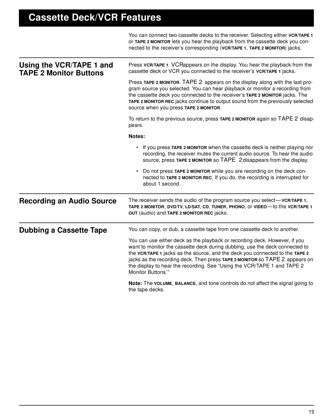 Optimus 31-3040, STAV-3690 owner manual Cassette Deck/VCR Features, Dubbing a Cassette Tape 