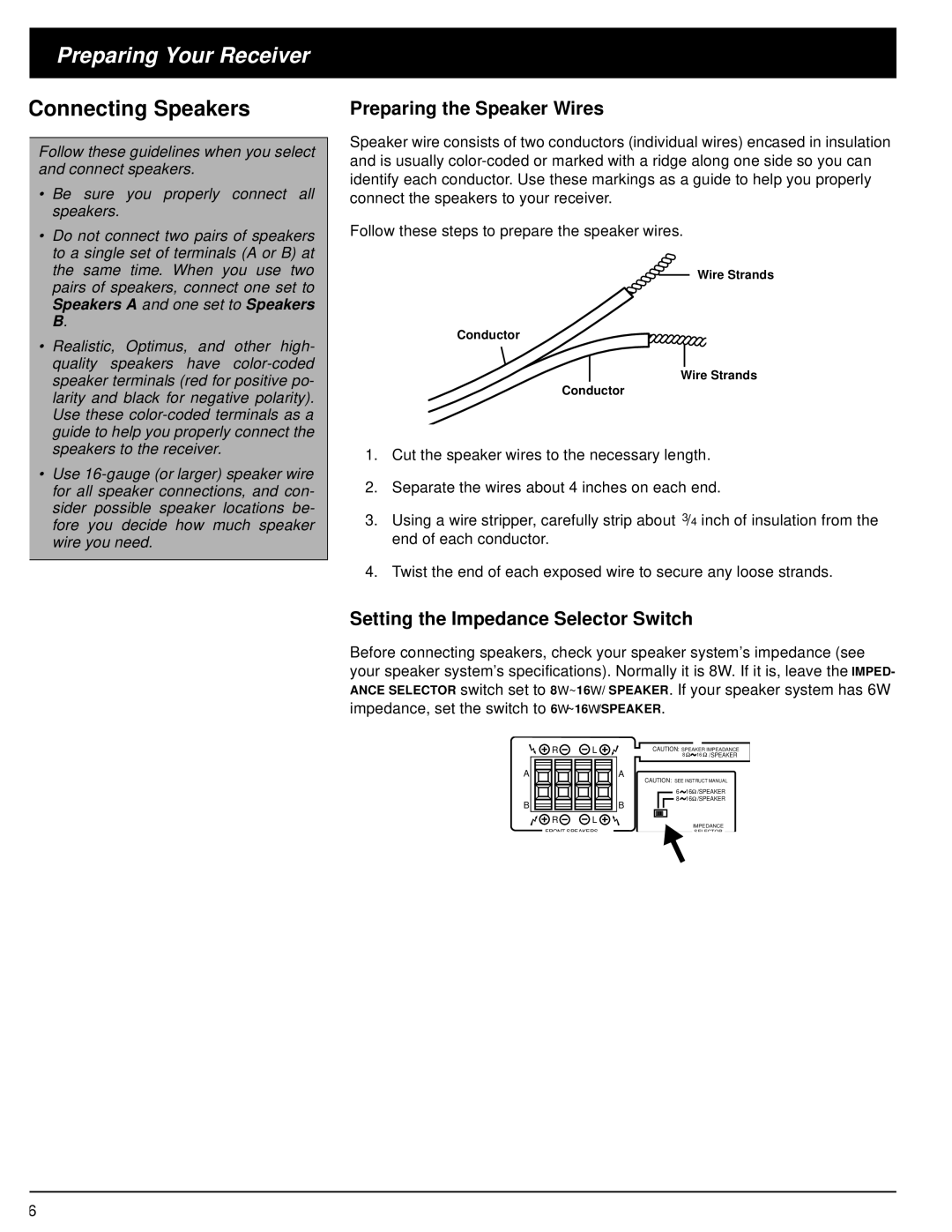 Optimus STAV-3690, 31-3040 owner manual Preparing Your Receiver, Connecting Speakers, Preparing the Speaker Wires 