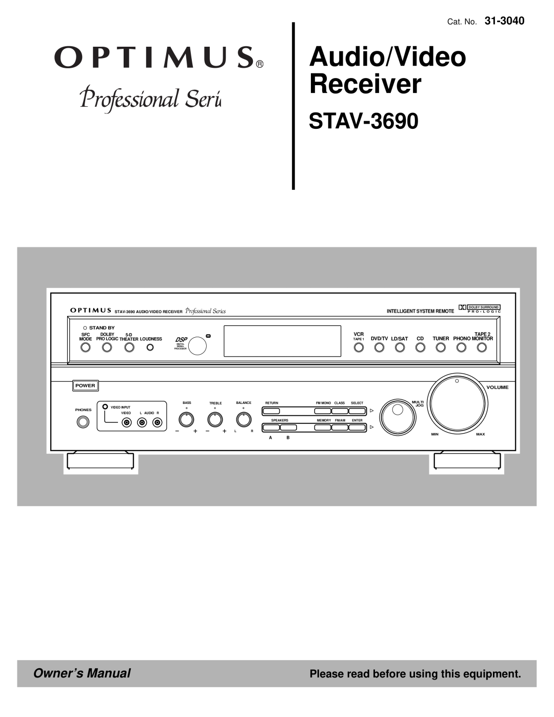 Optimus 31-3040 owner manual STAV-3690, Please read before using this equipment, Audio/Video Receiver, Stand By, Dolby 