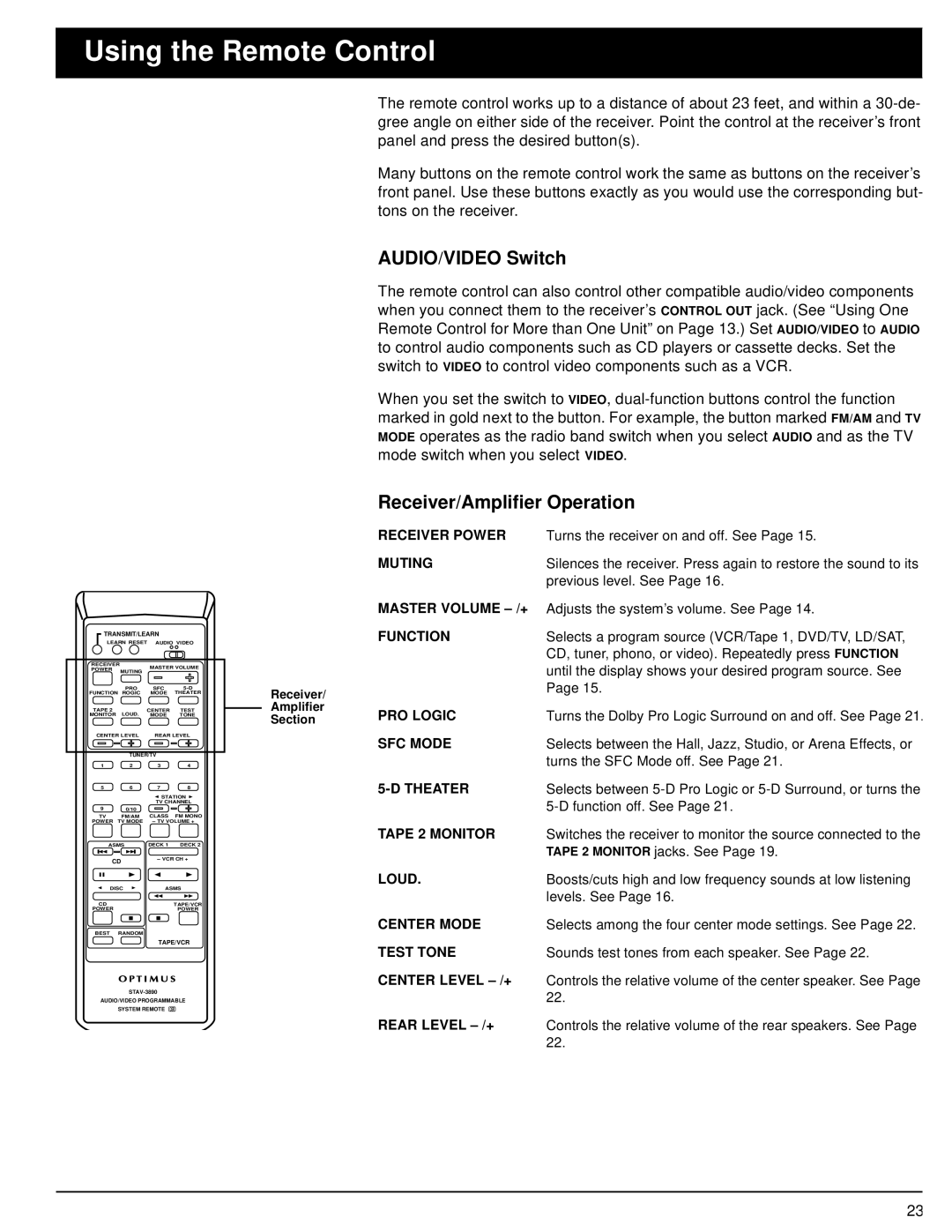 Optimus 31-3040, STAV-3690 owner manual Using the Remote Control, AUDIO/VIDEO Switch, Receiver/Amplifier Operation 