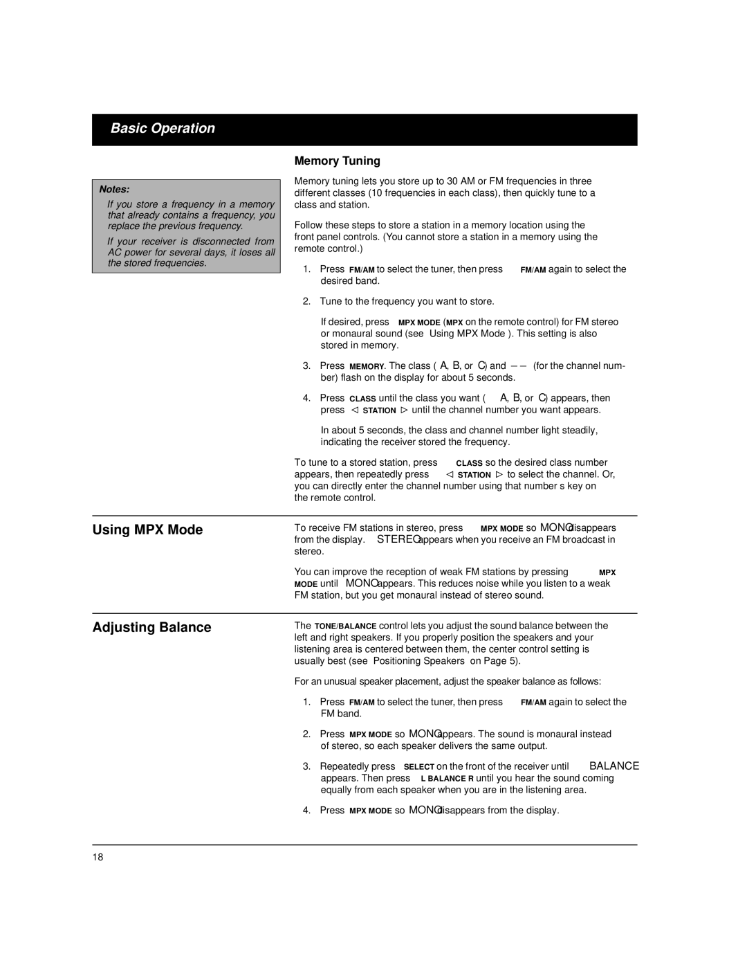 Optimus STAV-3780 owner manual Using MPX Mode, Adjusting Balance, Memory Tuning 