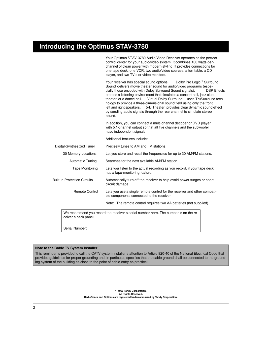 Optimus owner manual Introducing the Optimus STAV-3780 