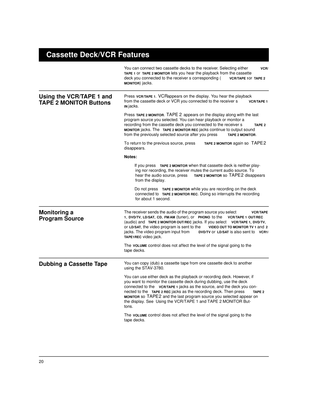 Optimus STAV-3780 Cassette Deck/VCR Features, Using the VCR/TAPE 1 and Tape 2 Monitor Buttons, Monitoring a Program Source 