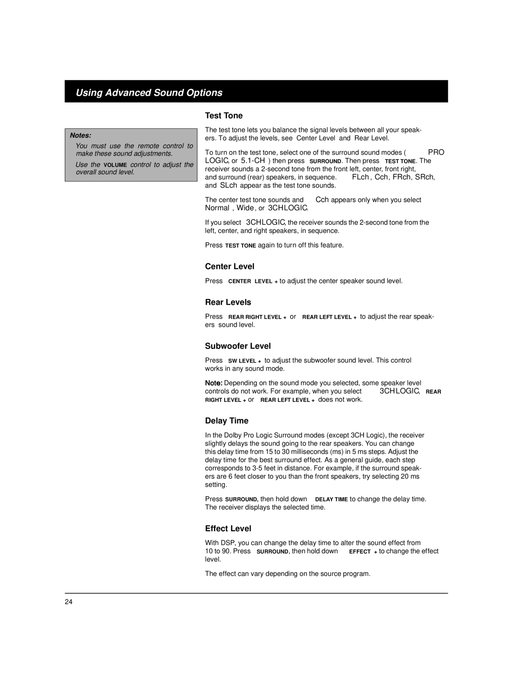 Optimus STAV-3780 owner manual Test Tone, Center Level, Rear Levels, Subwoofer Level, Delay Time, Effect Level 