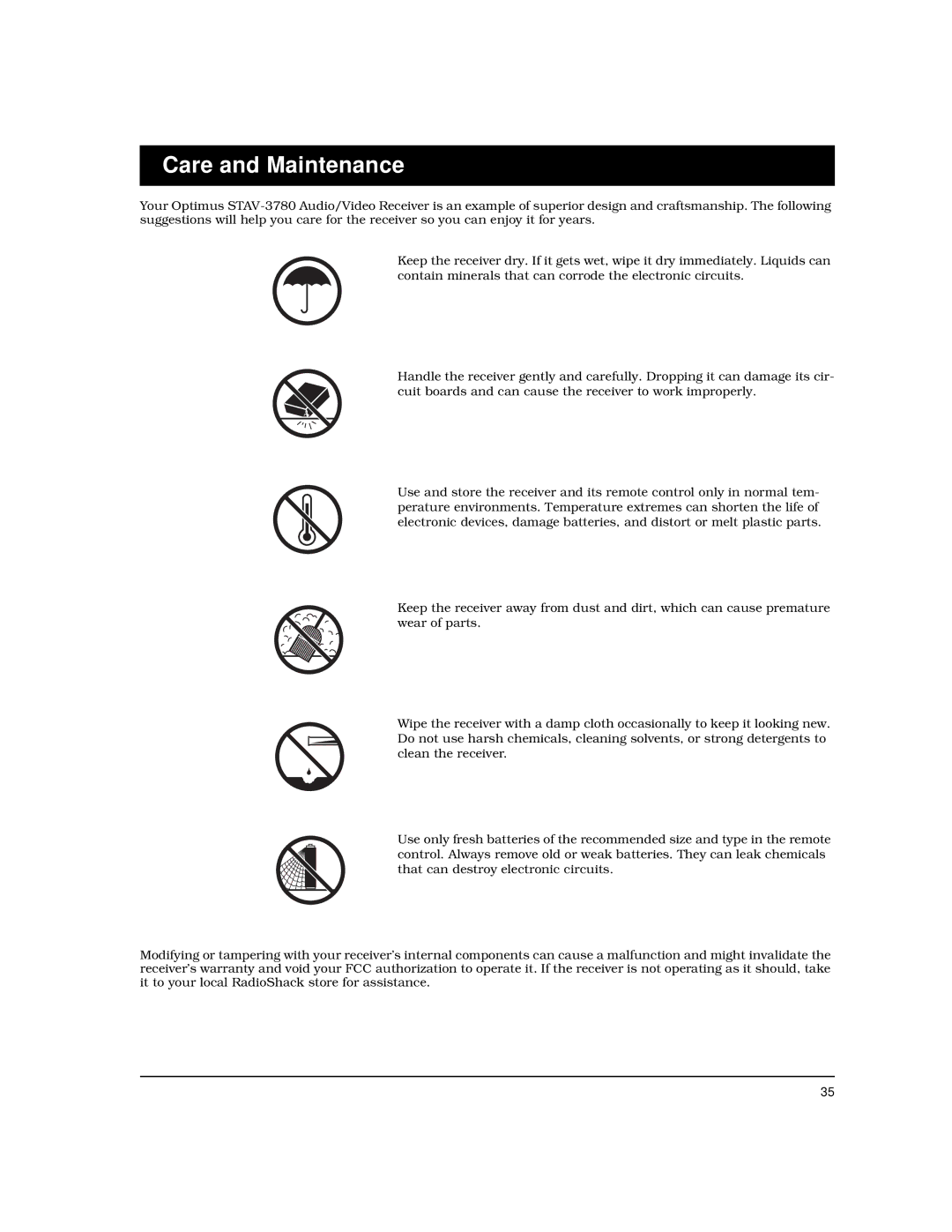 Optimus STAV-3780 owner manual Care and Maintenance 