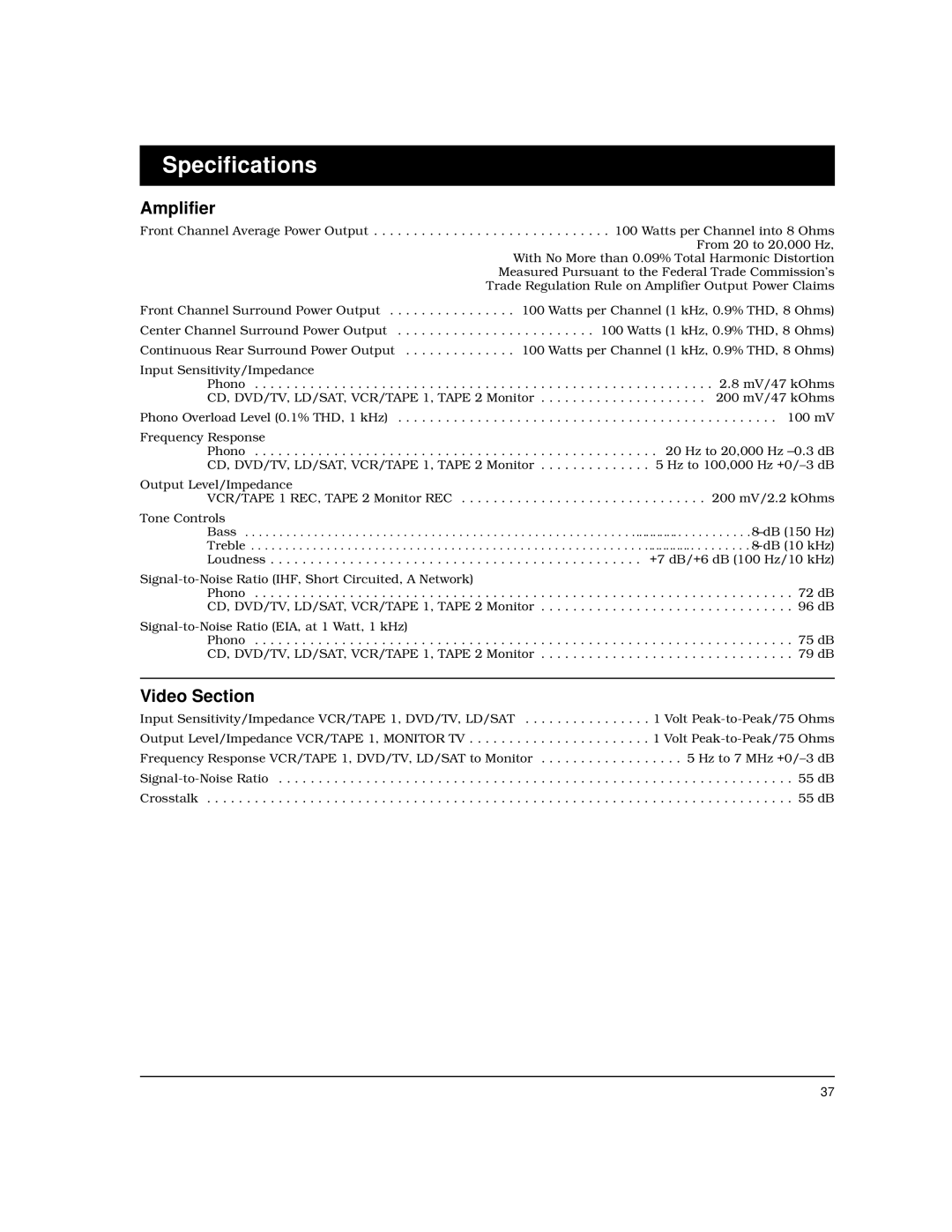 Optimus STAV-3780 owner manual Specifications, Amplifier, Video Section 