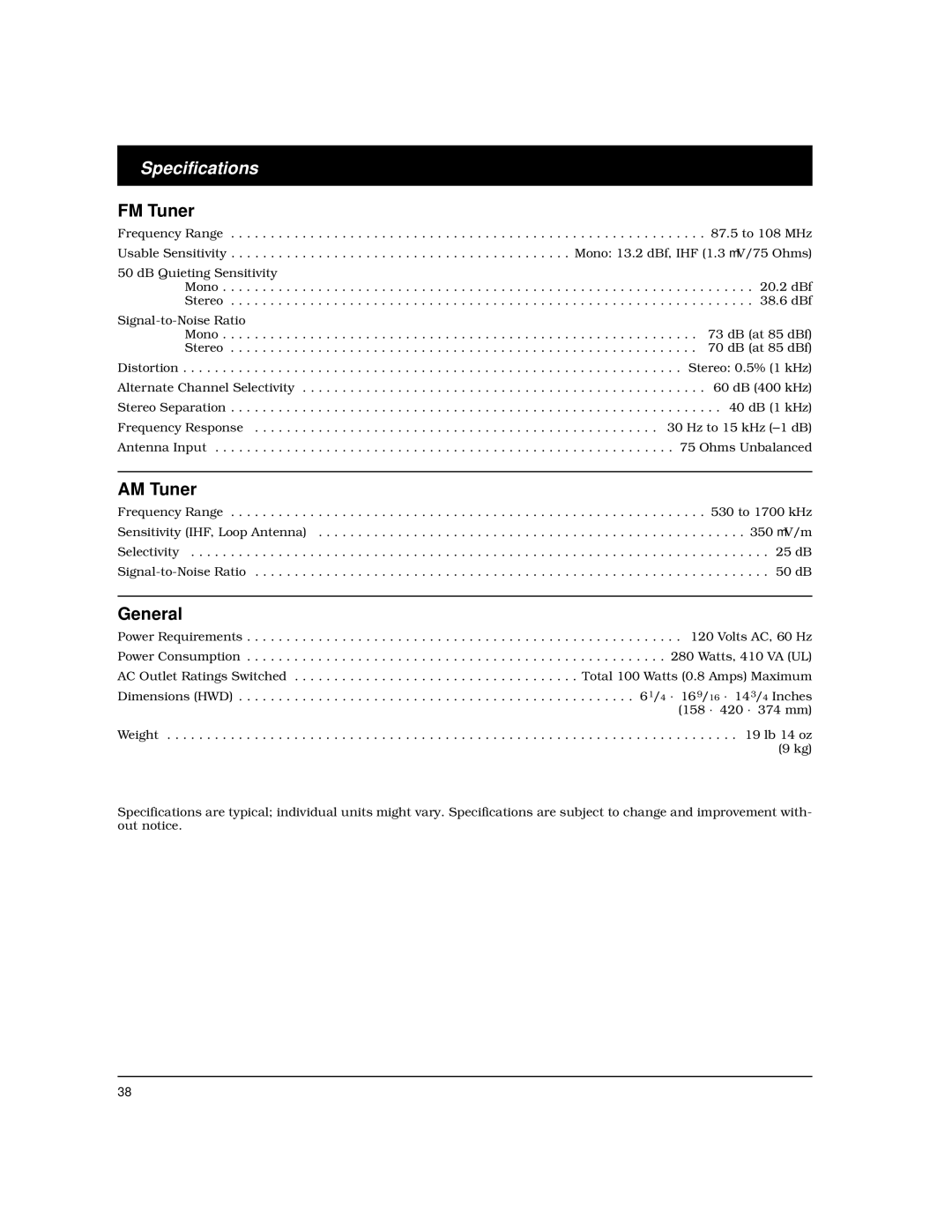 Optimus STAV-3780 owner manual Specifications, FM Tuner, AM Tuner, General 