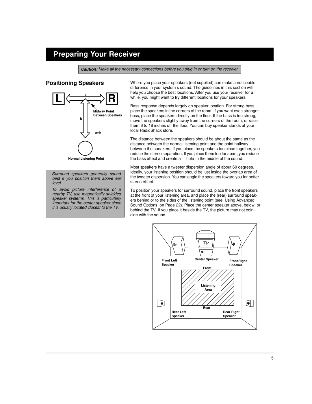 Optimus STAV-3780 owner manual Preparing Your Receiver, Positioning Speakers 