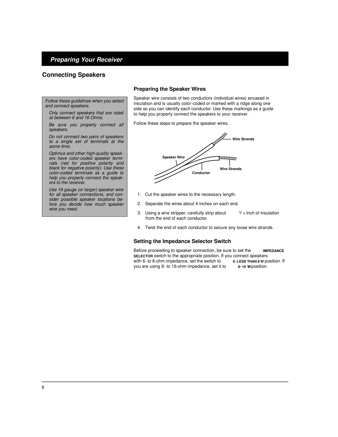 Optimus STAV-3780 owner manual Preparing Your Receiver, Connecting Speakers, Preparing the Speaker Wires 