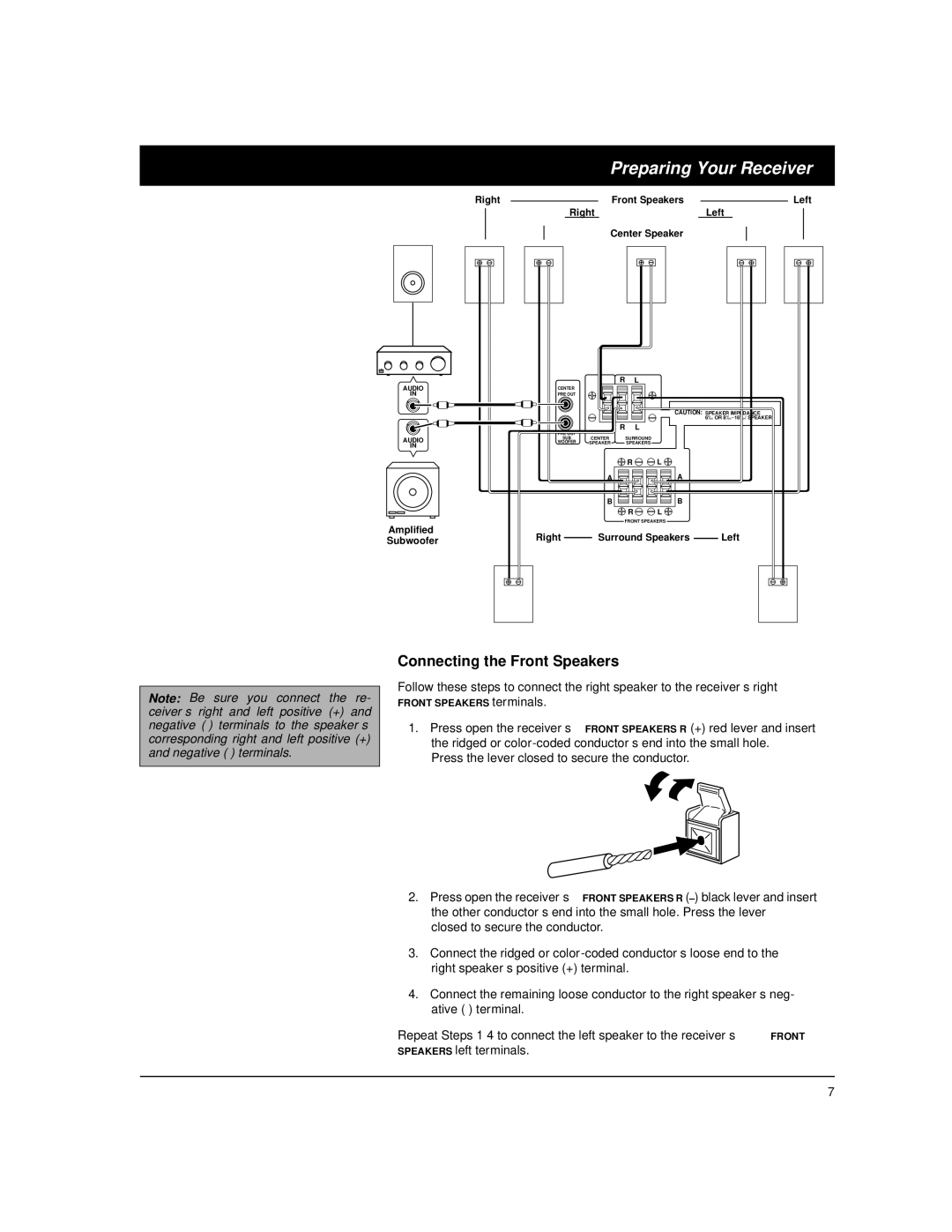 Optimus STAV-3780 owner manual Connecting the Front Speakers, Right Front Speakers Left Center Speaker 