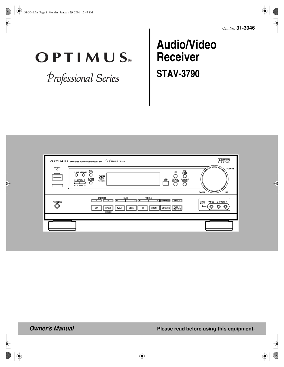 Optimus STAV-3790 owner manual Audio/Video Receiver, Please read before using this equipment 