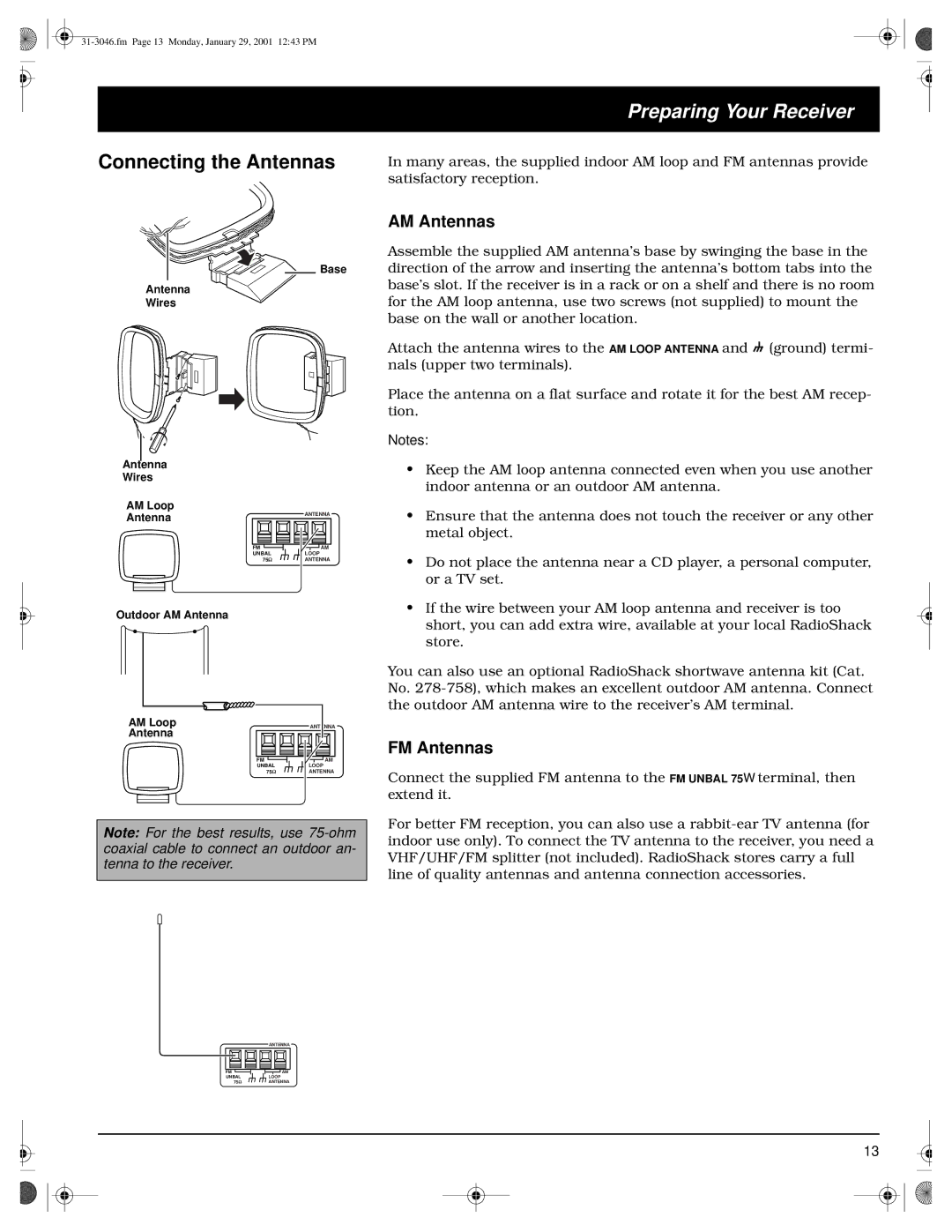 Optimus STAV-3790 owner manual Connecting the Antennas, AM Antennas, FM Antennas 