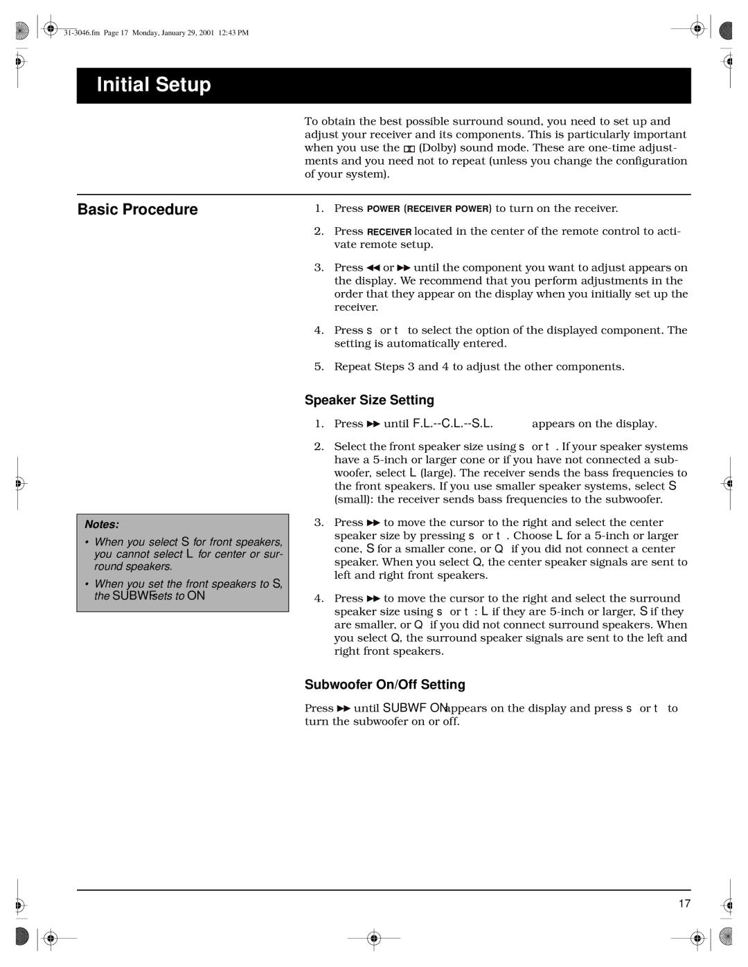 Optimus STAV-3790 owner manual Initial Setup, Basic Procedure, Speaker Size Setting, Subwoofer On/Off Setting 