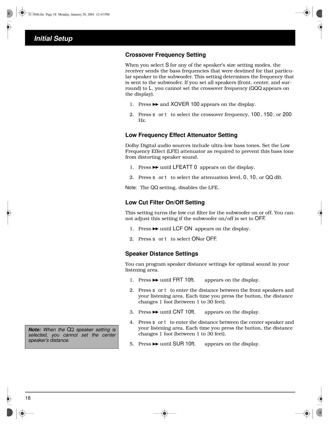 Optimus STAV-3790 owner manual Initial Setup, Crossover Frequency Setting, Low Frequency Effect Attenuator Setting 