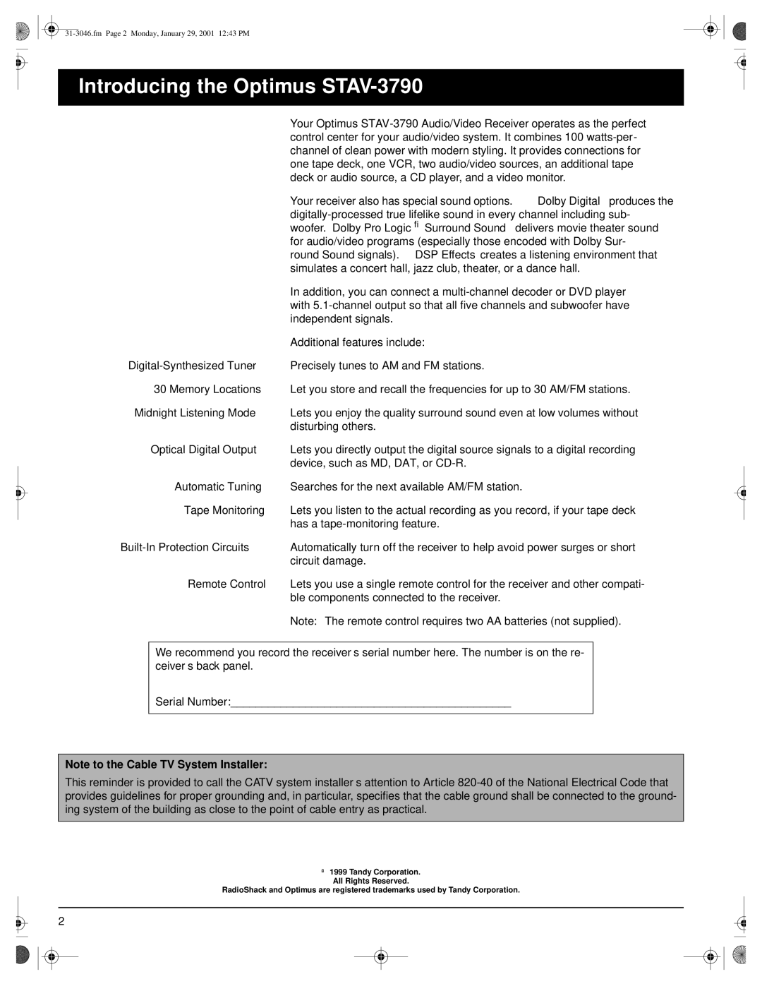 Optimus owner manual Introducing the Optimus STAV-3790 