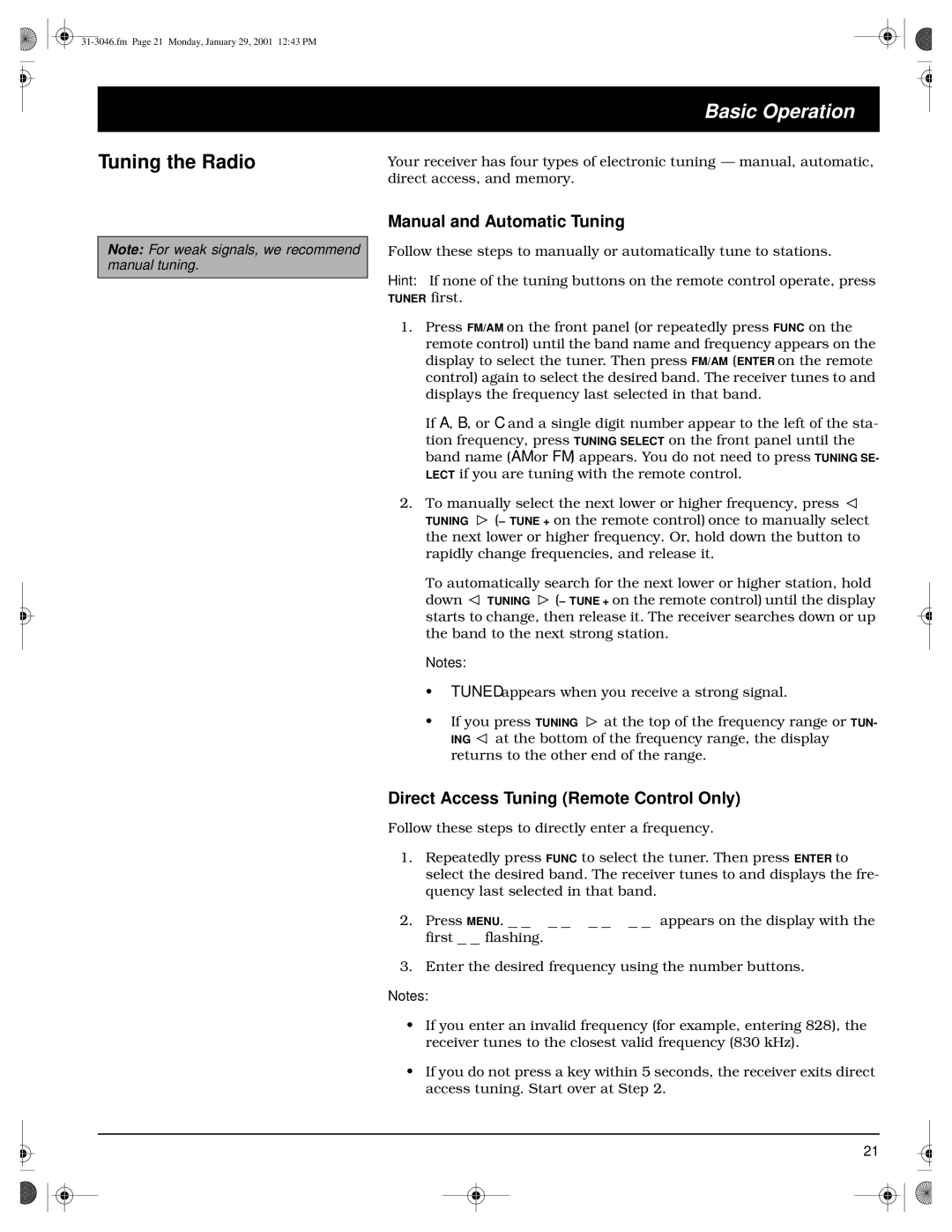 Optimus STAV-3790 Basic Operation, Tuning the Radio, Manual and Automatic Tuning, Direct Access Tuning Remote Control Only 