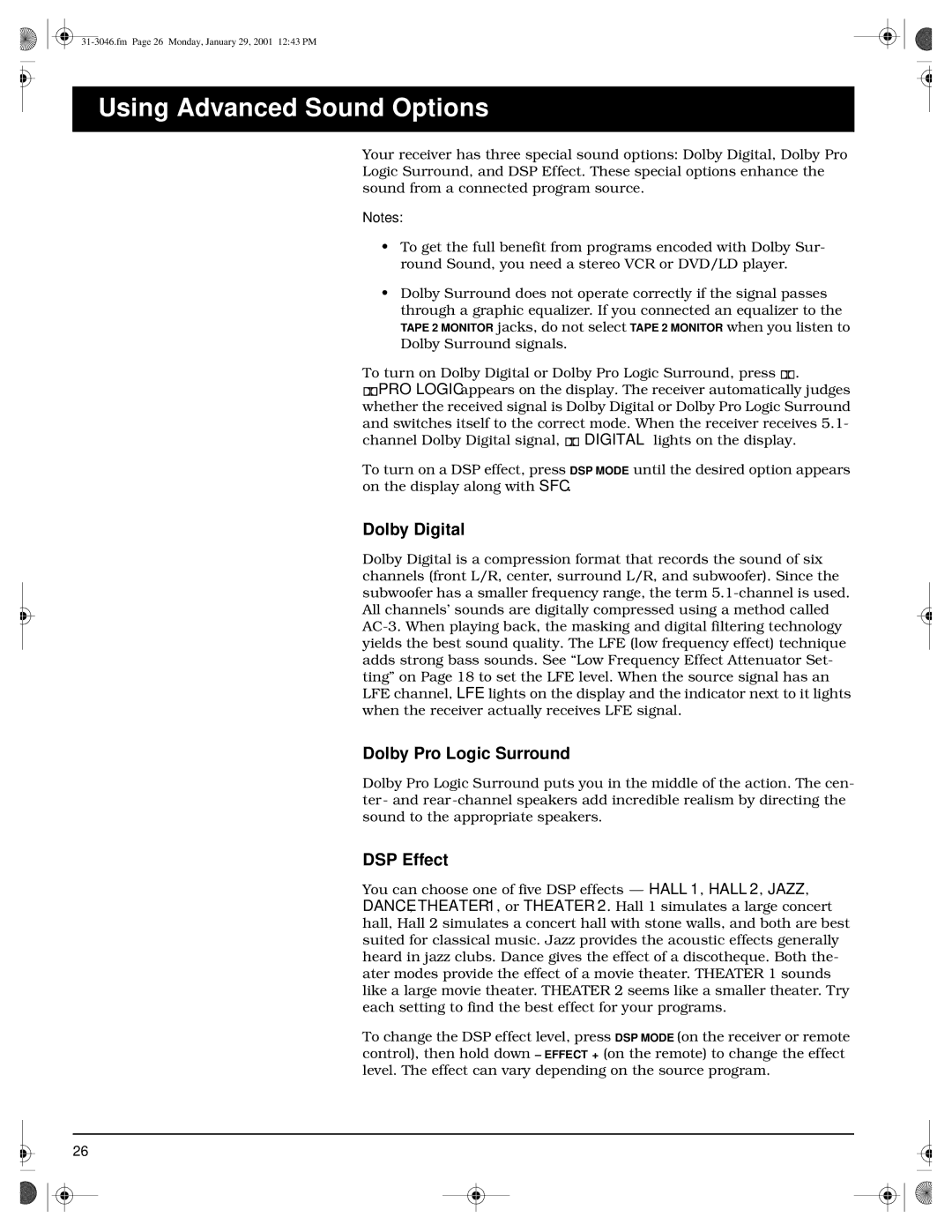 Optimus STAV-3790 owner manual Using Advanced Sound Options, Dolby Digital, Dolby Pro Logic Surround, DSP Effect 