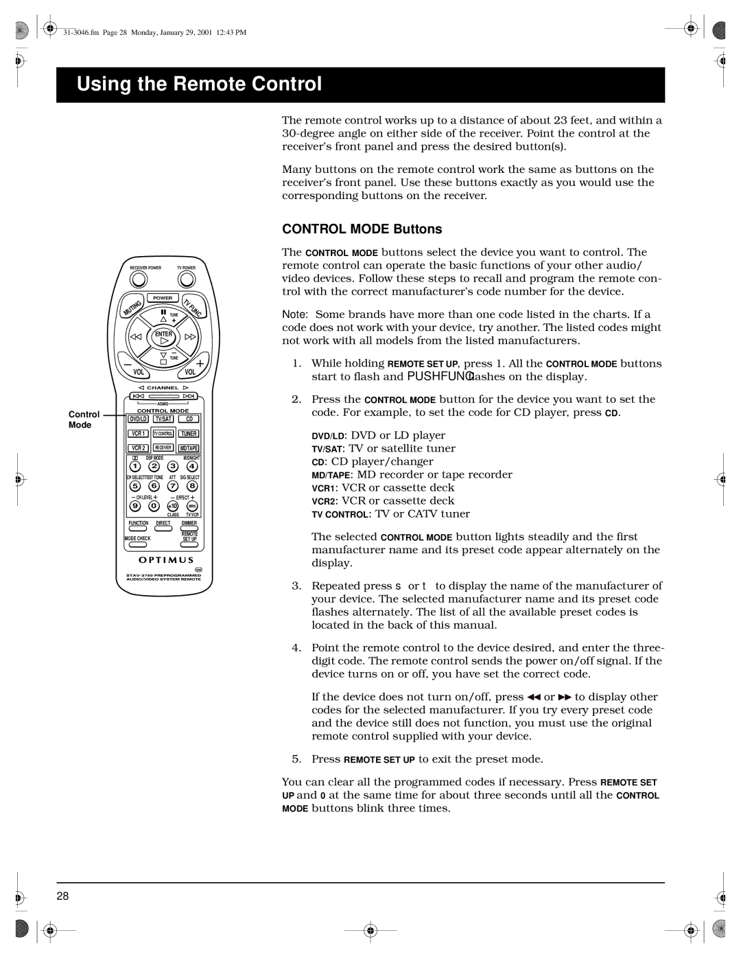 Optimus STAV-3790 owner manual Using the Remote Control, Control Mode Buttons 